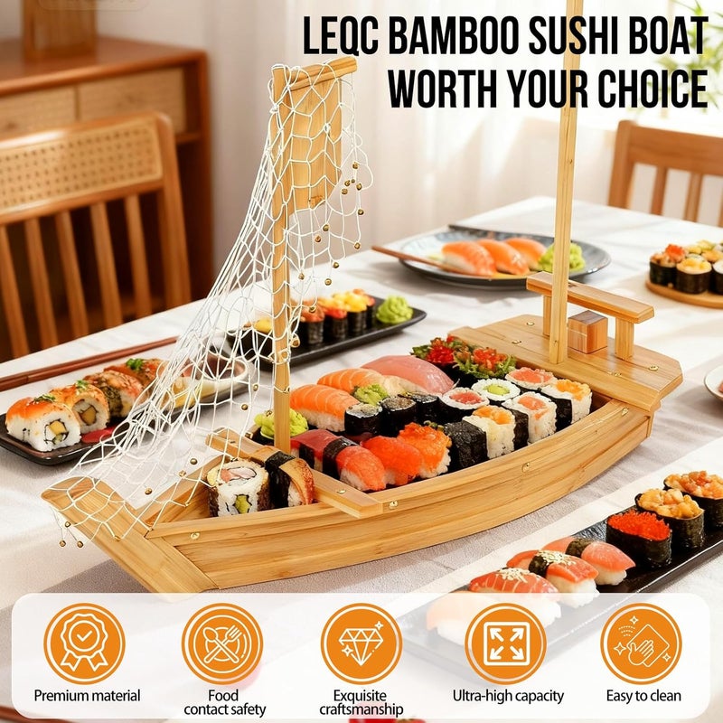 LEQC 31.5 Inch Bamboo Sushi Boat Serving Tray – Extra Large Sushi Platter & Display Board, Japanese Wooden Boat Style for Sushi, Sashimi, Seafood Party, Sushi Serving Plate for Restaurant & Home - Image 3